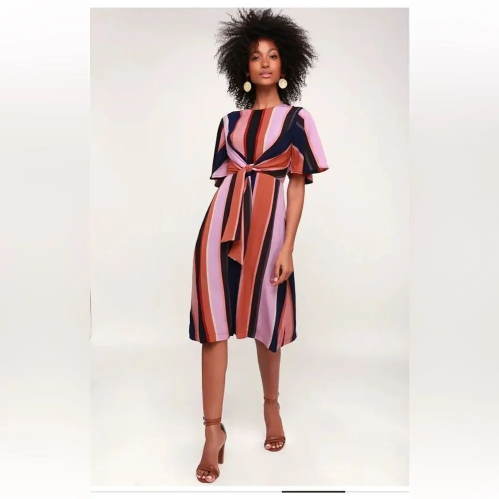 4SI3NNA Holland Lavender Multi Striped Short Sleeve Tie-Front Midi Dress Sz S.